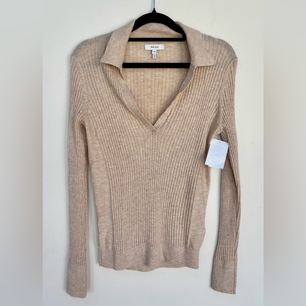 Reiss Beige Ribbed V-Neck Sweater
